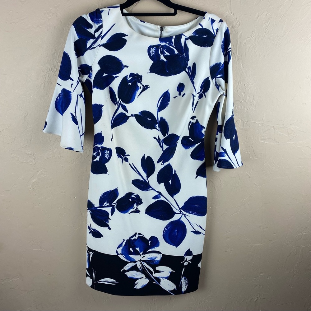 Vince Camuto Elbow Bell Sleeve Floral Print Dress Blue White size 6 - Picture 3 of 16